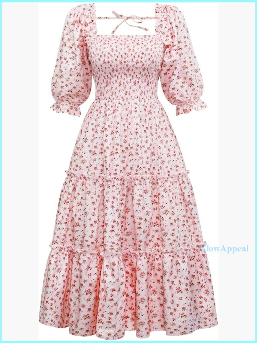 Floral Print Square Neck Midi Dress with Ruffle Hem and Off Shoulder Sleeves